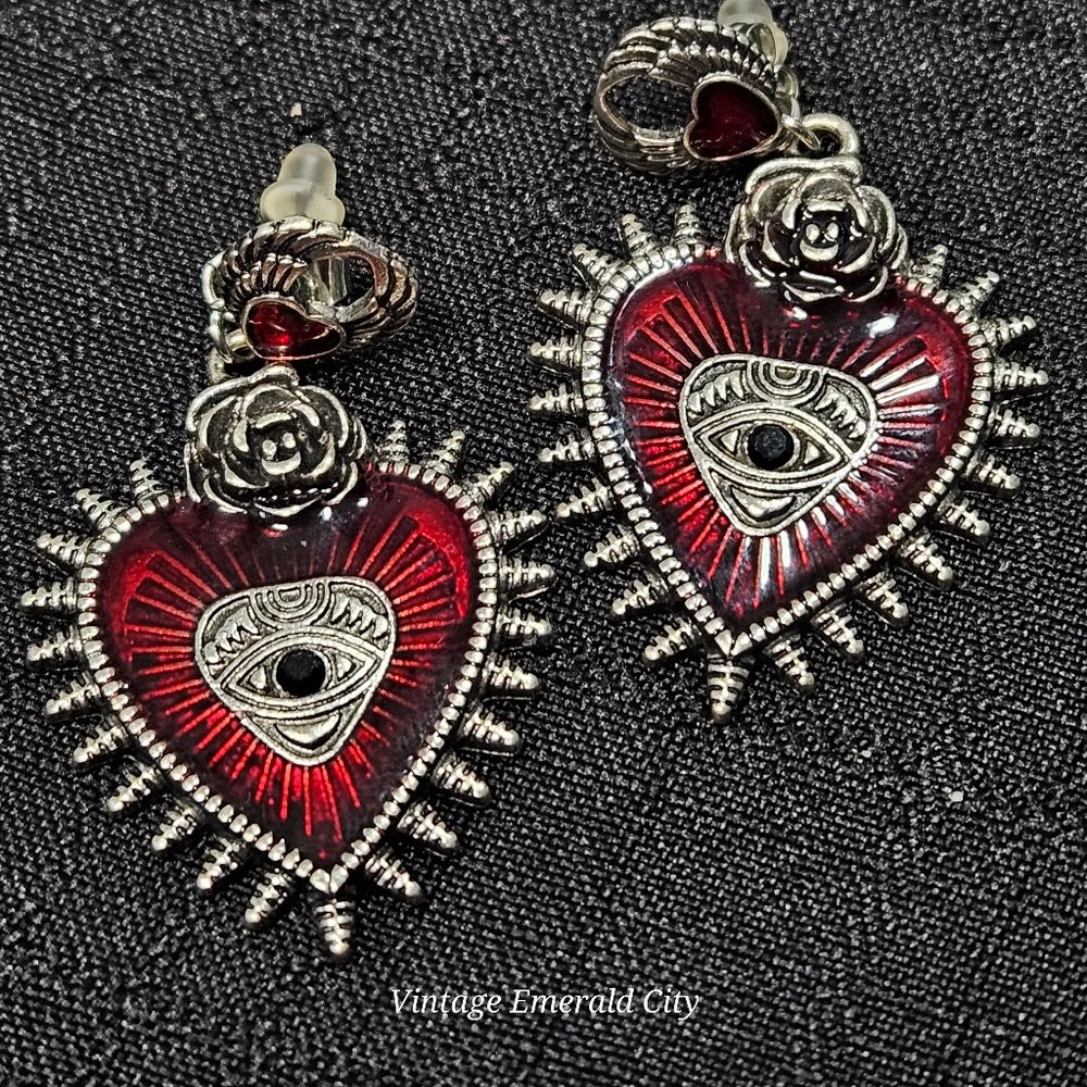 Love All Seing Dangle Earrings Rose & Heart Spikes Mystical Eye Red Enamel Goth